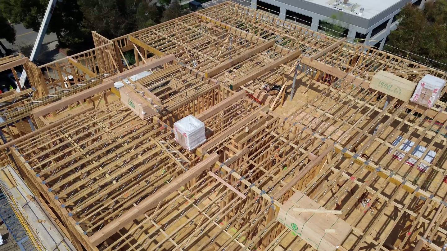 The roof joist field stretching across Building D
