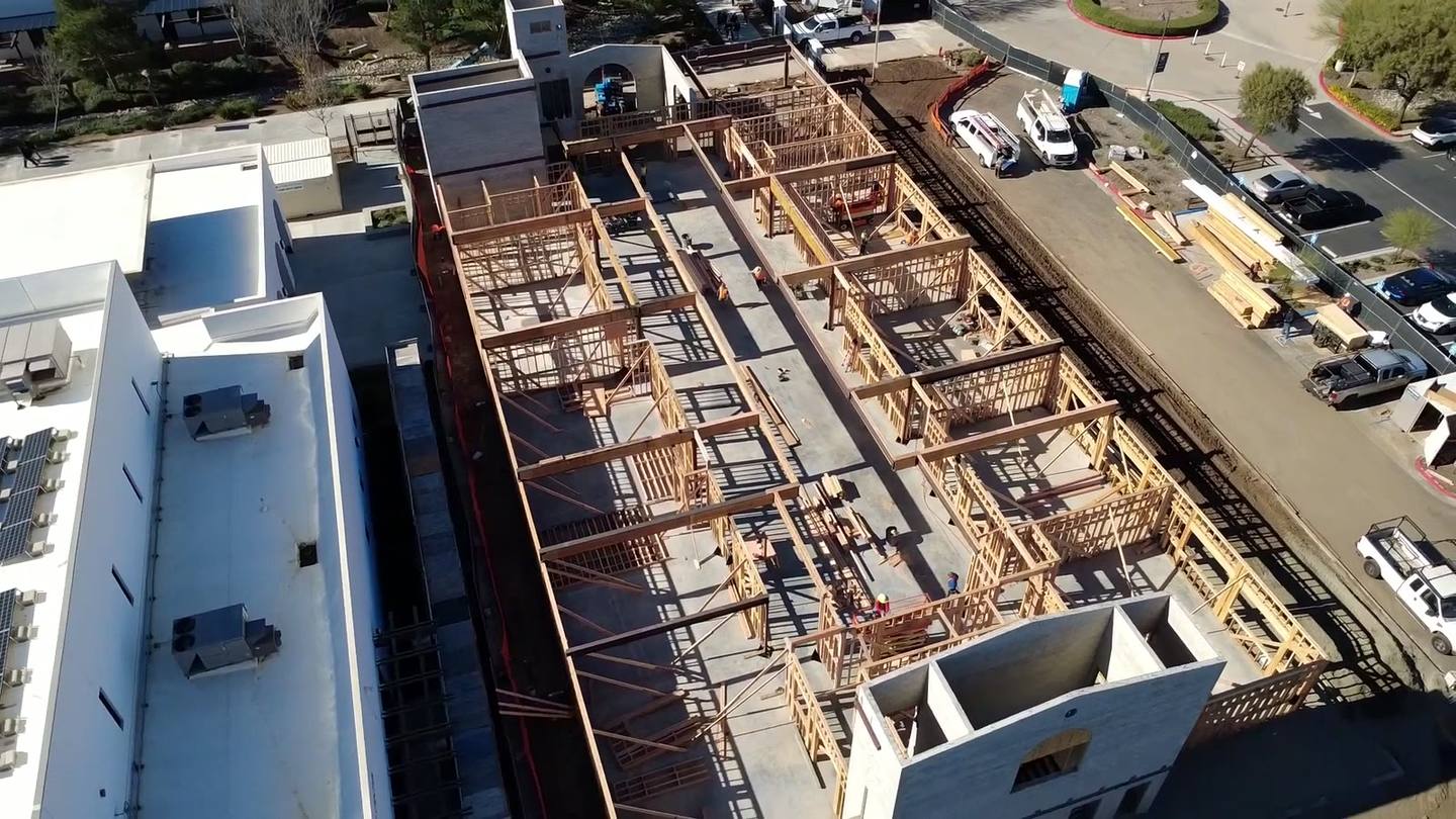 The roof truss field between campus buildings