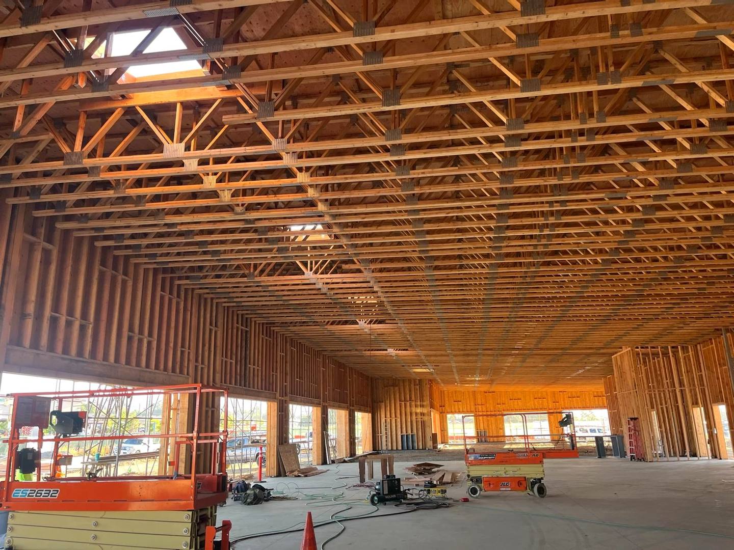 Inside a Yucaipa Pointe shell under the finished truss ceiling